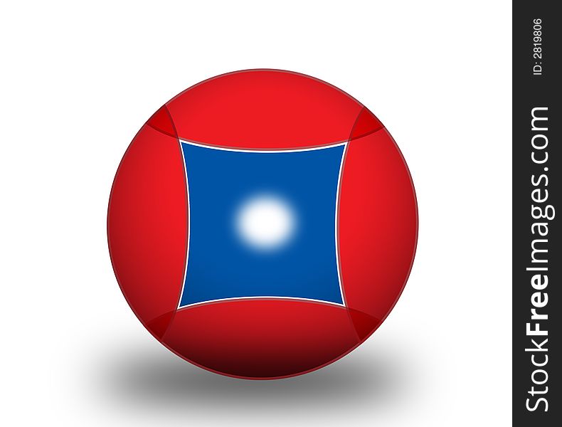 A red ball with a blue square in it