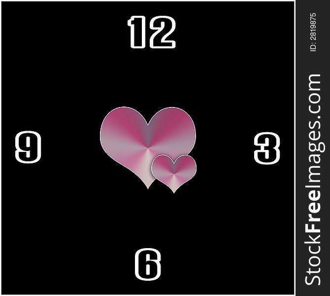 A clock designed in black colour with white stroked numbers and also with hearts in between.
