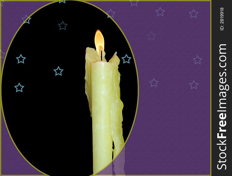 A candle in a black round background with stars