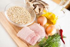Ingredients For Garnish Buckwheat.meat, Onion Royalty Free Stock Photography