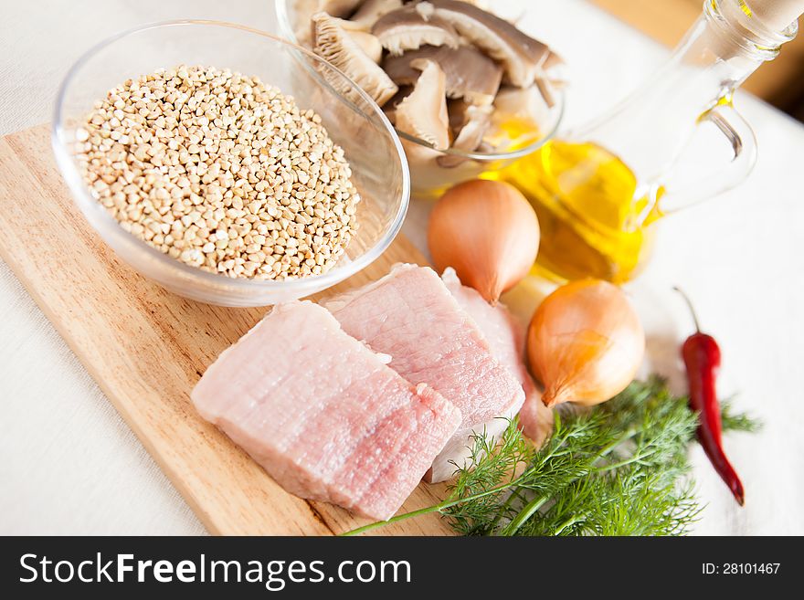 Ingredients For Garnish Buckwheat.meat, Onion