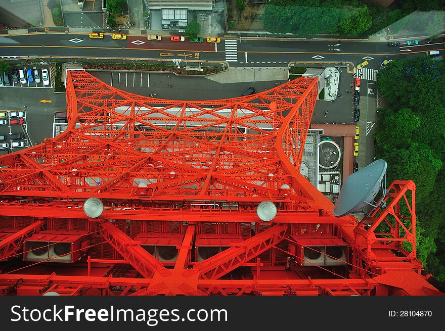 Tokyo prefecture, built structure, urban scene, famous place, high angel view, up side down, red color construction, road from sky. Tokyo prefecture, built structure, urban scene, famous place, high angel view, up side down, red color construction, road from sky