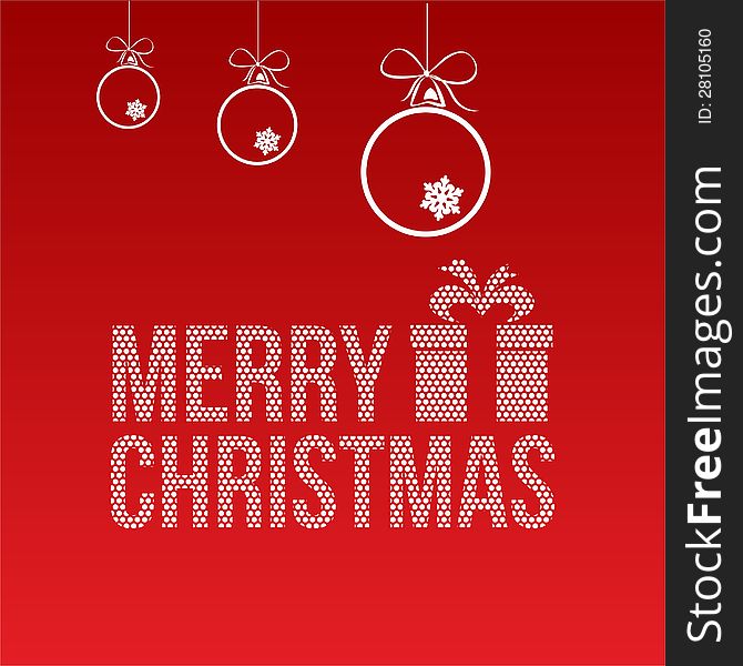 Vector image of christmas card with a red background with ornaments and merry christmas text