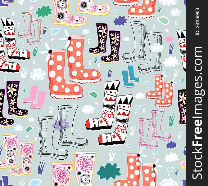 Seamless bright pattern of rubber boots on a gray background with clouds and drops. Seamless bright pattern of rubber boots on a gray background with clouds and drops