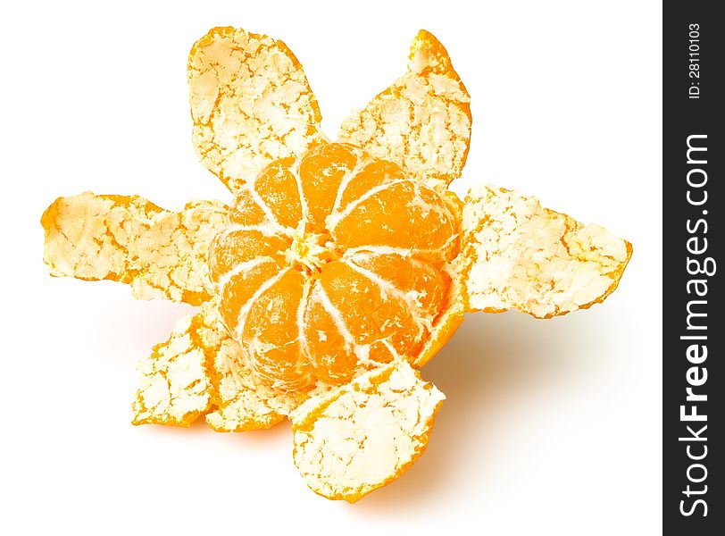 Tangerine peeled open on white background