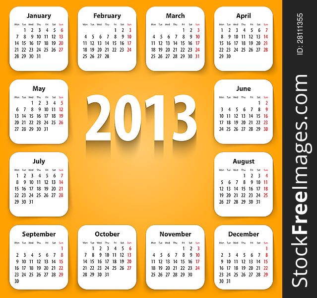 Calendar for 2013 on white stickies