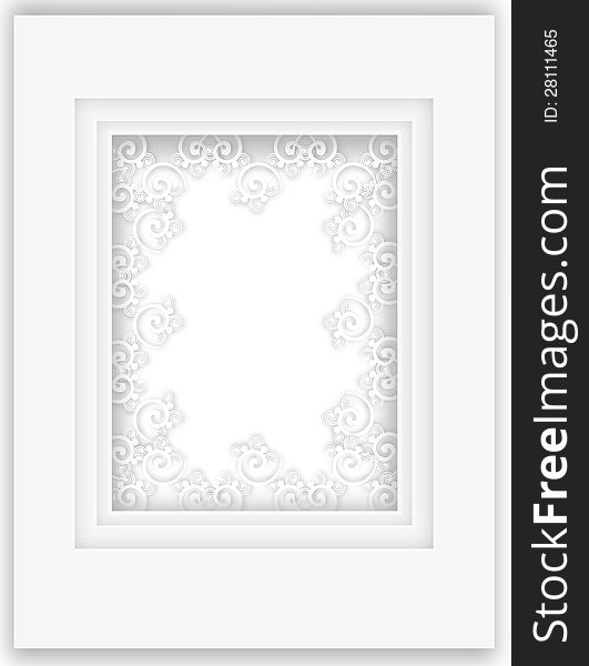 Beautiful rectangular pure white paper frame with asymmetrical delicate swirled paper applique decorations enclosing a central copyspace. Beautiful rectangular pure white paper frame with asymmetrical delicate swirled paper applique decorations enclosing a central copyspace