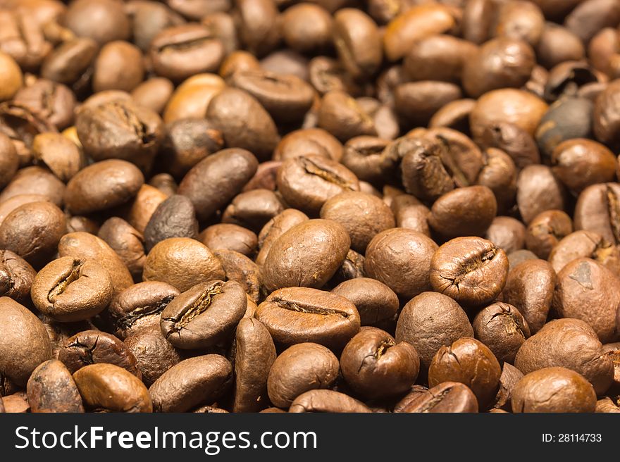Macro view of coffee beans background. Distant view.