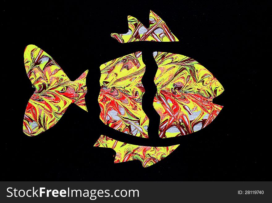 Abstracted outlines of a fish surrounding an abstract painting in light, mostly yellow and red colors. Abstracted outlines of a fish surrounding an abstract painting in light, mostly yellow and red colors