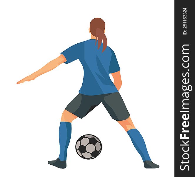 Figure of a women s football girl player in a blue sports uniform stands with her back and catches the ball