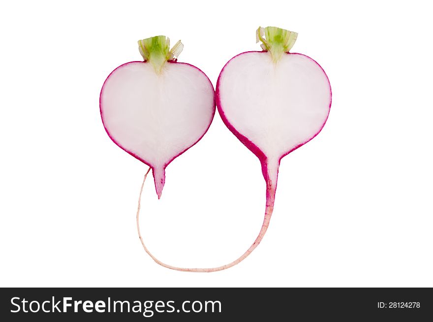 The two halves of radish lie beside against white background