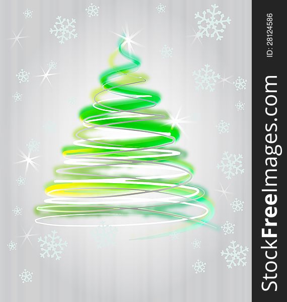 Green yellow christmas tree flare concept in glittering snowfall. Green yellow christmas tree flare concept in glittering snowfall