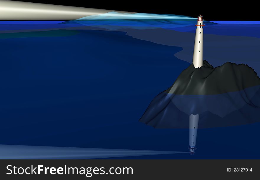 A 3D illustration of a lighthouse and its beam. A 3D illustration of a lighthouse and its beam.