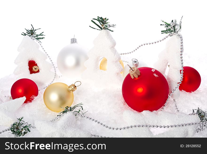 Christmas decoration on snowy background.