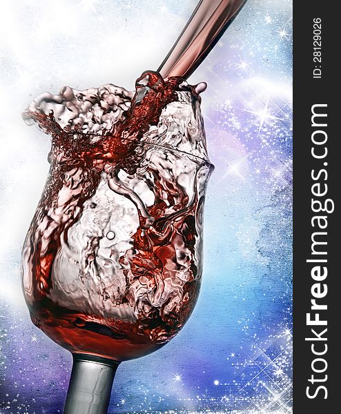 Christmas background with pouring red wine and snowflakes