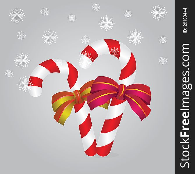 Illustration of two candy canes with bows on gray background. Illustration of two candy canes with bows on gray background.