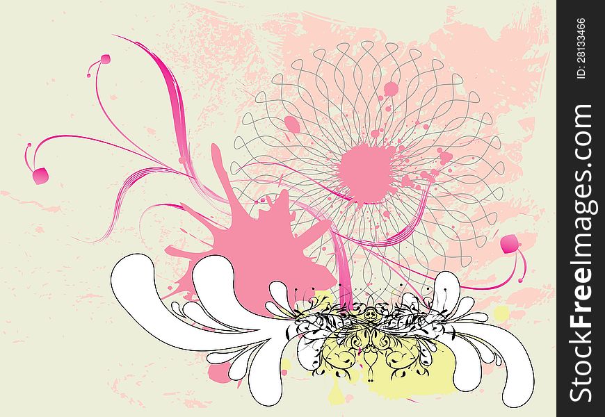 Illustration of abstract grunge spatters and pink floral background. Illustration of abstract grunge spatters and pink floral background.