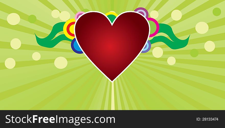 Illustration of red heart on green background with rays.