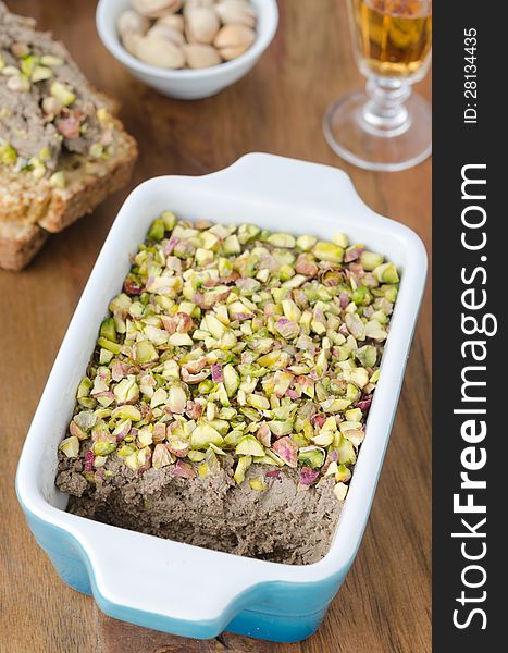 Chicken liver pate with pistachios closeup