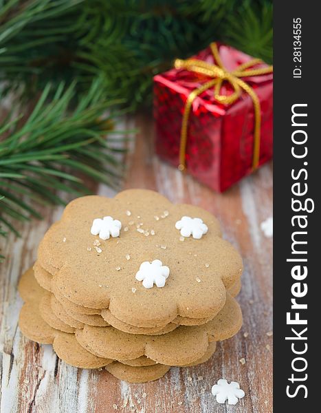 Gingerbread, Branch Of Spruce And Gift Box
