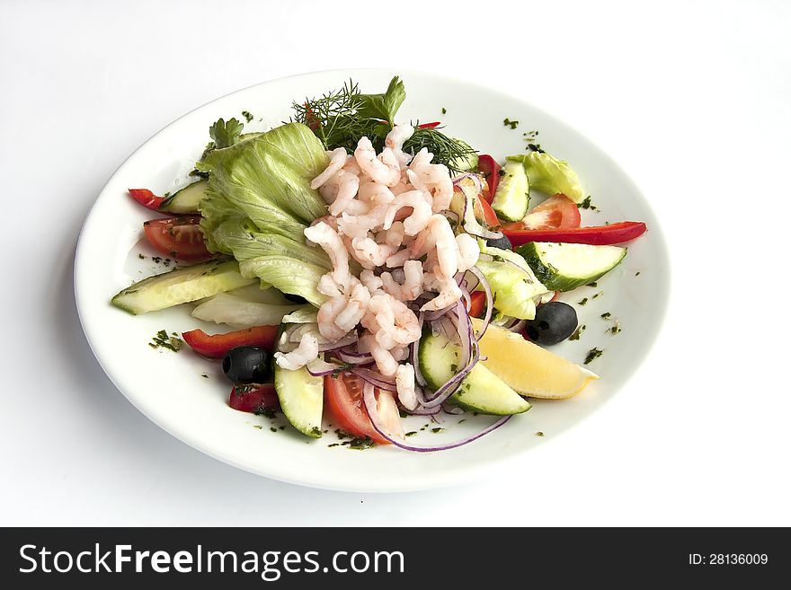 Fresh salad with tomato and cucumber and shrimp. Fresh salad with tomato and cucumber and shrimp