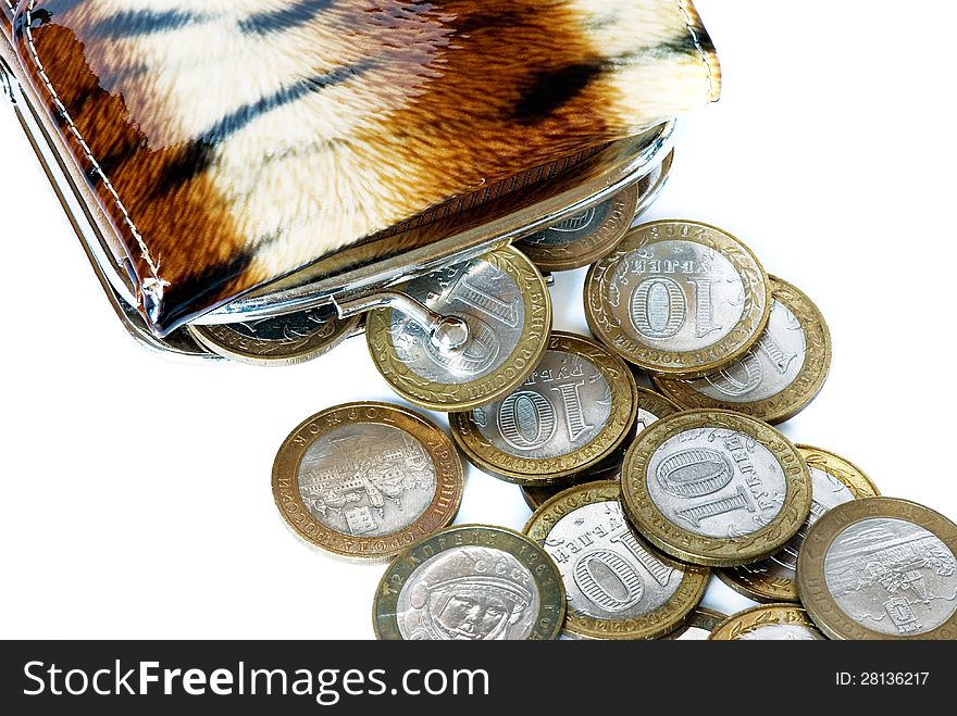 Purse with small change on a white background