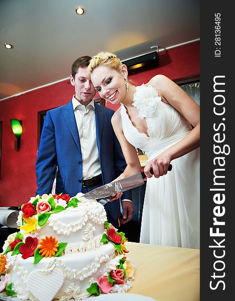 Cutting the cake newlyweds on wedding day