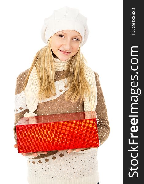 Girl in a hat holding a gift box. Girl in a hat holding a gift box