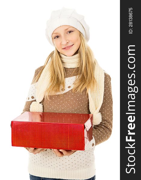Girl holding a gift box. Girl holding a gift box