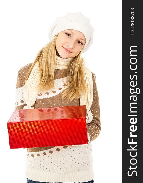 Girl holding a box isolated on white background. Girl holding a box isolated on white background