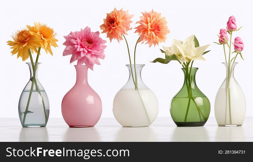 Colorful Spring Flower In Vases On A White Background.