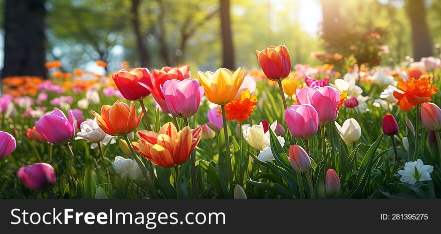 Colorful tulip flowers blooming in the garden. Spring landscape.