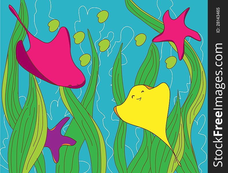 Colored smiled fishes and stars under sea