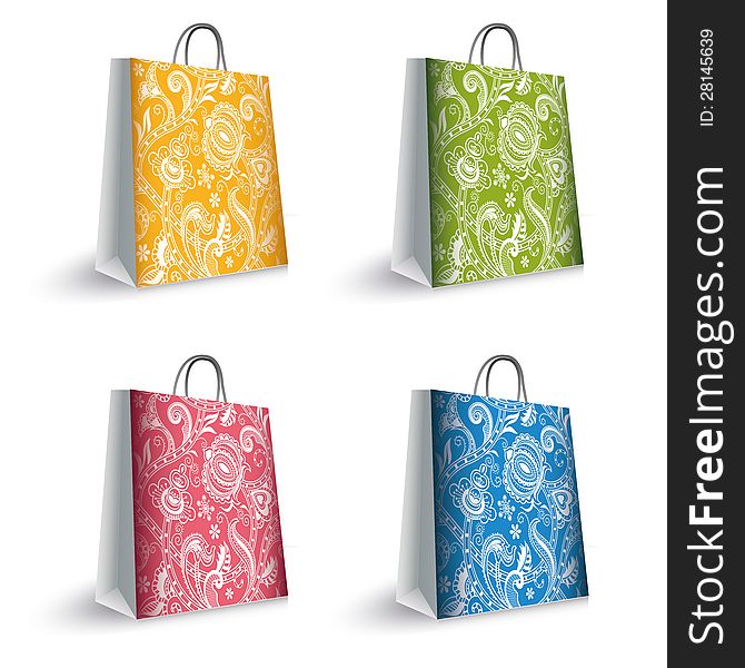 Collection of for colorful shopping bags on white background.