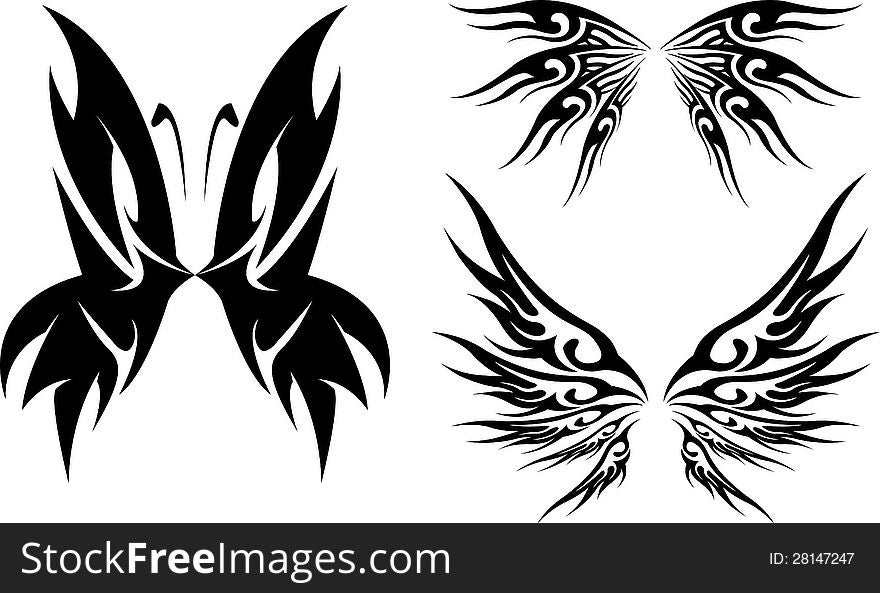 Vectorial tattoos of wings with a tribal touch. Vectorial tattoos of wings with a tribal touch