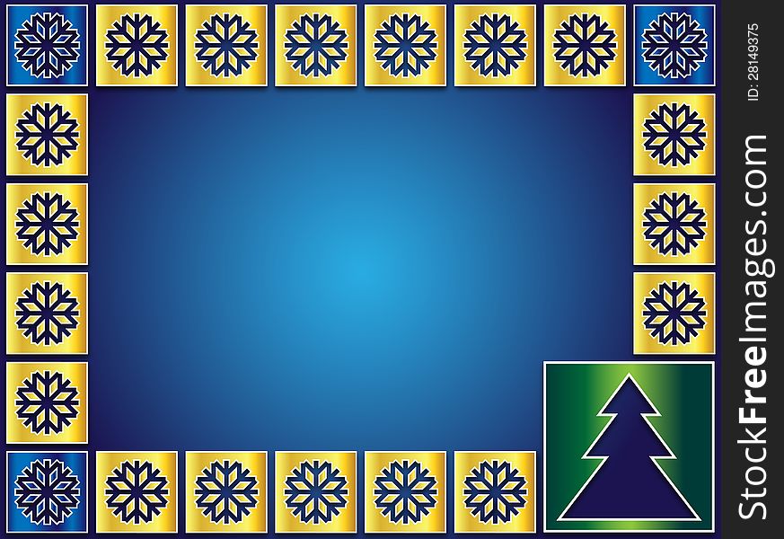 Christmas icons golden flakes and trees on a blue background. Christmas icons golden flakes and trees on a blue background