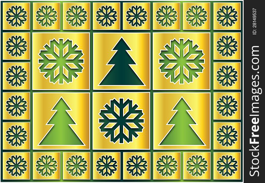 Christmas icons golden snowflakes and trees on a green background. Christmas icons golden snowflakes and trees on a green background