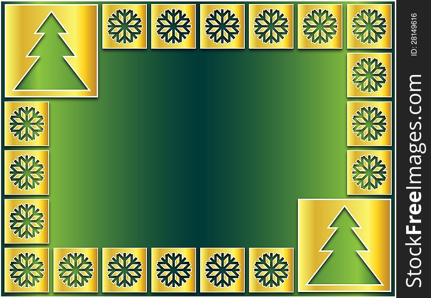 Christmas icons golden flakes and trees on a green background. Christmas icons golden flakes and trees on a green background
