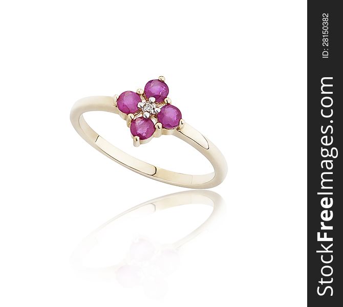 Ruby ring on golded body shape the most luxurious gift on white background
