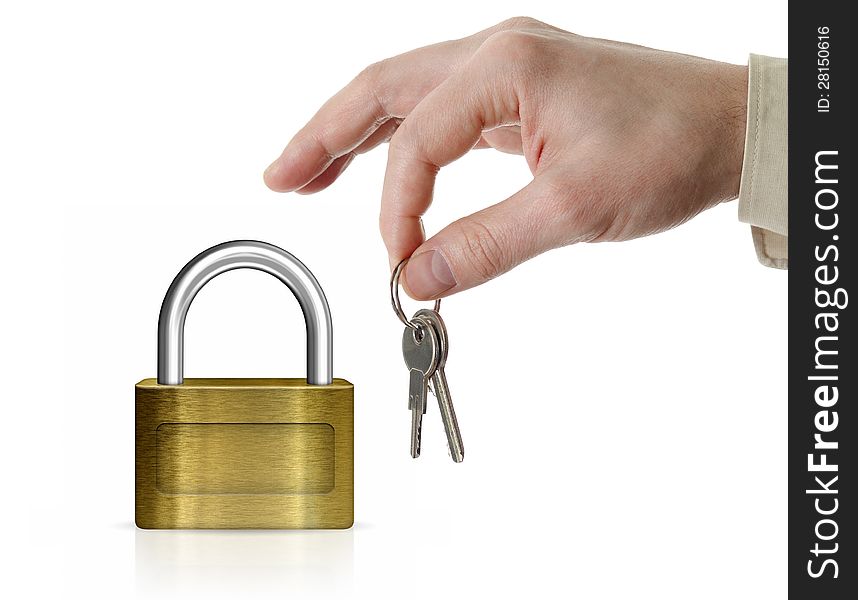 Closed Lock With Man S Hand And Keys