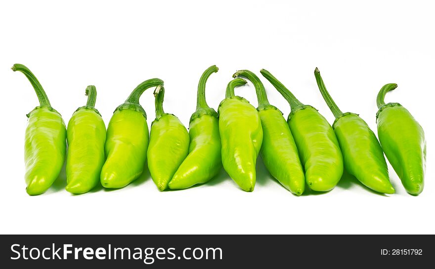 Green chillies (Jalapenos) arranged in a row on white background. Green chillies (Jalapenos) arranged in a row on white background.