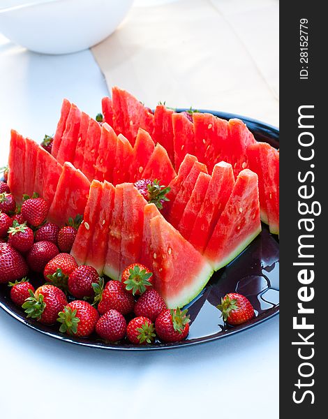 Wedding watermelon fruit platter at a buffet. Wedding watermelon fruit platter at a buffet.