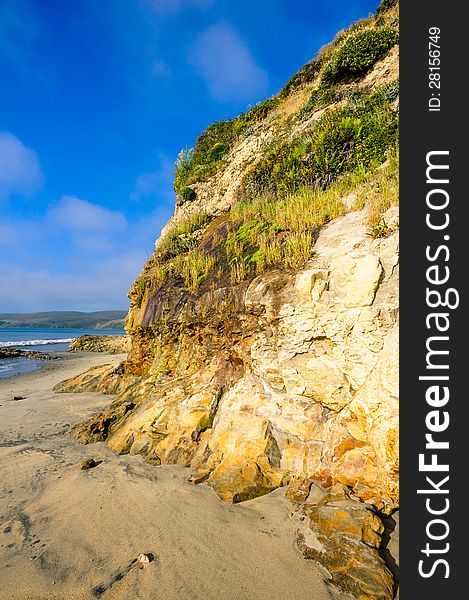 Wild shore in California on a sunny summer day and blue sky