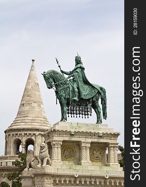 Fishermans bastion and the Statue of Saint Stephen in Buda part of the city of Budapest, Hungary