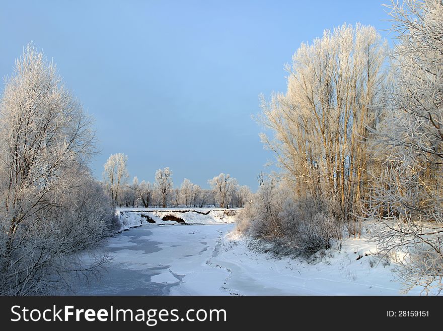 Frosty winter day in the outskirts of the village