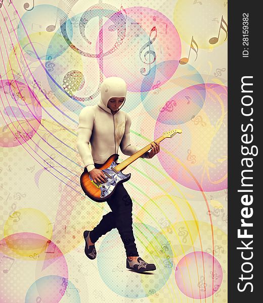 Illustration of funky guitarist colorful music background.