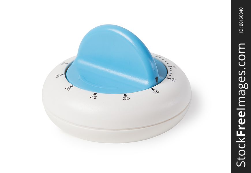 White kitchen timer with blue hand, on white