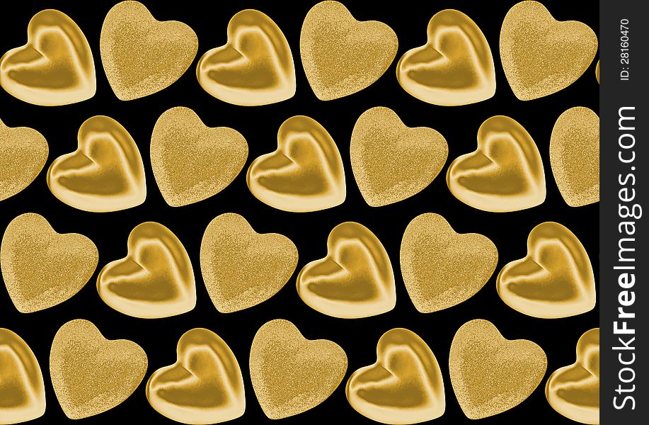 Seamless pattern of gold convex hearts  for St Valentine isolated on a black background. Seamless pattern of gold convex hearts  for St Valentine isolated on a black background