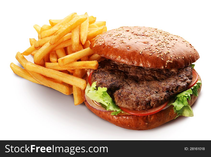 Hamburger and french fries on white background. Hamburger and french fries on white background.