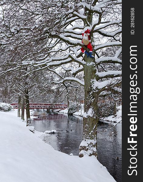 Traditional landscape of Santa Claus climbing on tree in Swedish park. Traditional landscape of Santa Claus climbing on tree in Swedish park